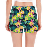 Yellow Orchid Pattern Print Women's Split Running Shorts