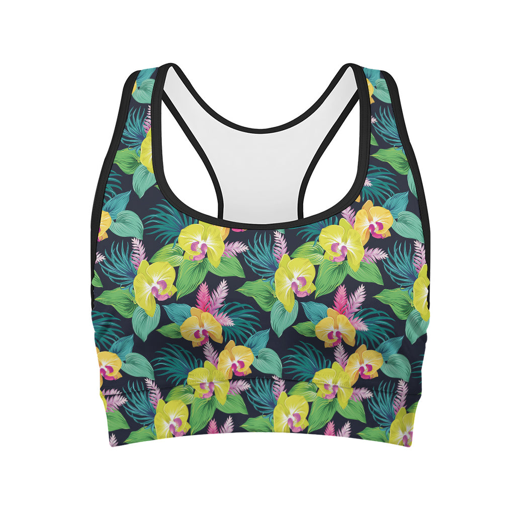 Yellow Orchid Pattern Print Women's Sports Bra
