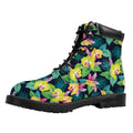 Yellow Orchid Pattern Print Padded Collar Lace Up Boots
