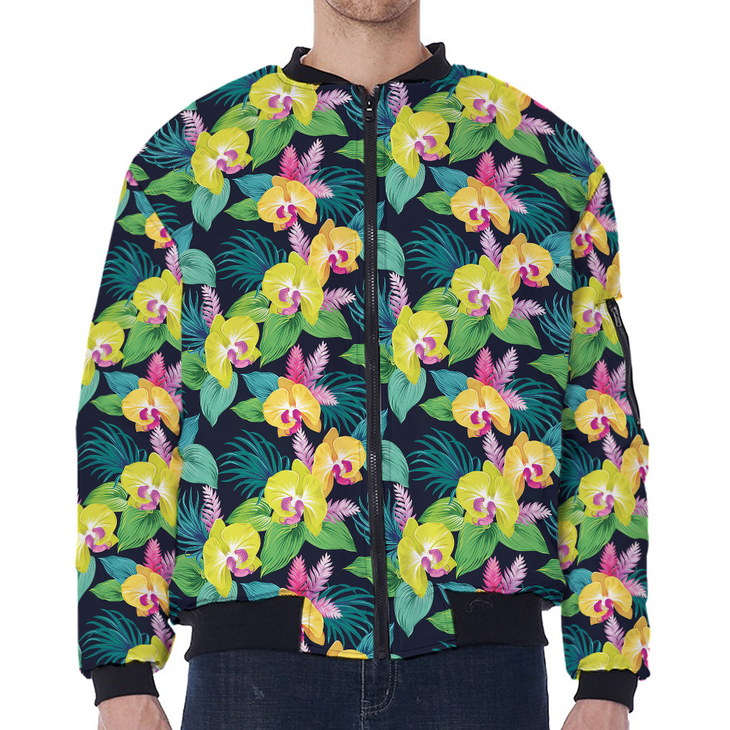 Yellow Orchid Pattern Print Zip Sleeve Bomber Jacket