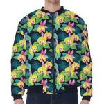 Yellow Orchid Pattern Print Zip Sleeve Bomber Jacket
