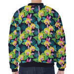 Yellow Orchid Pattern Print Zip Sleeve Bomber Jacket