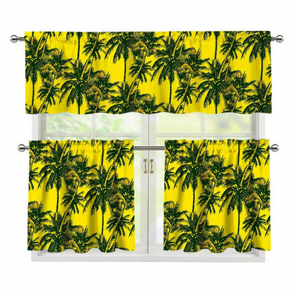 Yellow Palm Tree Pattern Print 3 Piece Kitchen Curtains