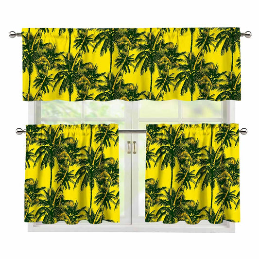 Yellow Palm Tree Pattern Print 3 Piece Kitchen Curtains