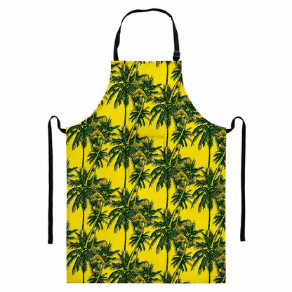 Yellow Palm Tree Pattern Print Bib Apron With Pocket