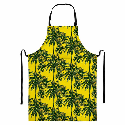 Yellow Palm Tree Pattern Print Bib Apron With Pocket