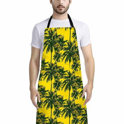 Yellow Palm Tree Pattern Print Bib Apron With Pocket