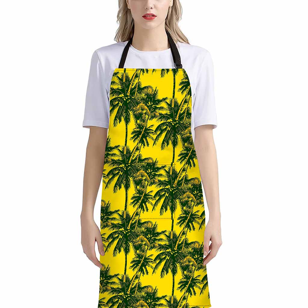 Yellow Palm Tree Pattern Print Bib Apron With Pocket