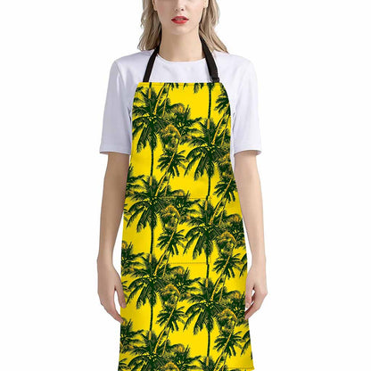 Yellow Palm Tree Pattern Print Bib Apron With Pocket