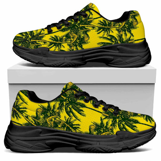 Yellow Palm Tree Pattern Print Black Chunky Shoes