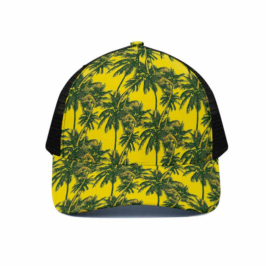 Yellow Palm Tree Pattern Print Black Mesh Trucker Cap