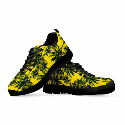 Yellow Palm Tree Pattern Print Black Running Shoes