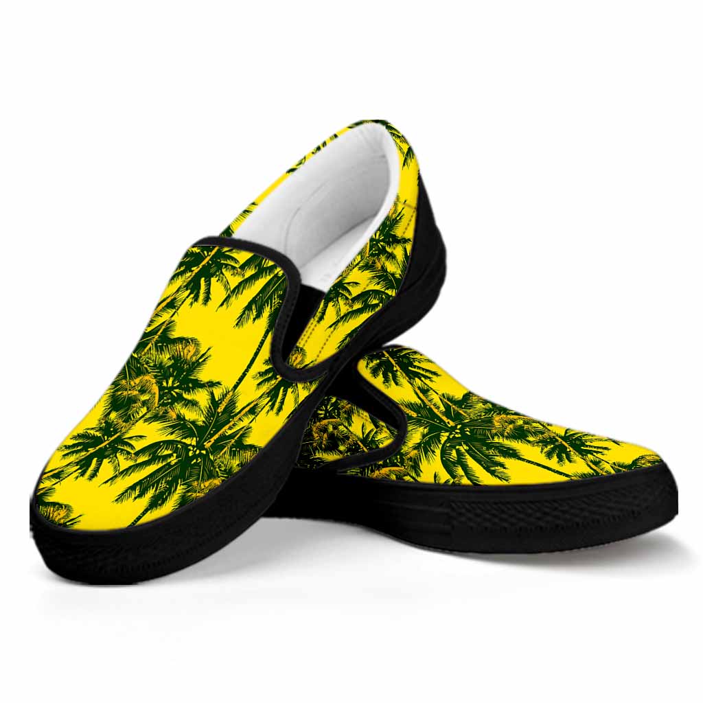 Yellow Palm Tree Pattern Print Black Slip On Sneakers