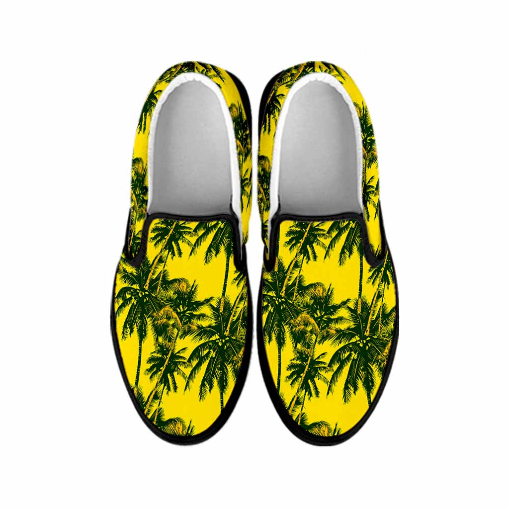 Yellow Palm Tree Pattern Print Black Slip On Sneakers