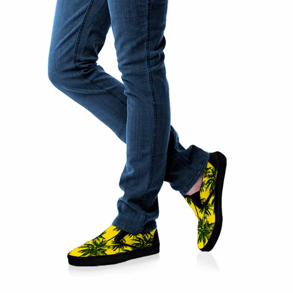 Yellow Palm Tree Pattern Print Black Slip On Sneakers