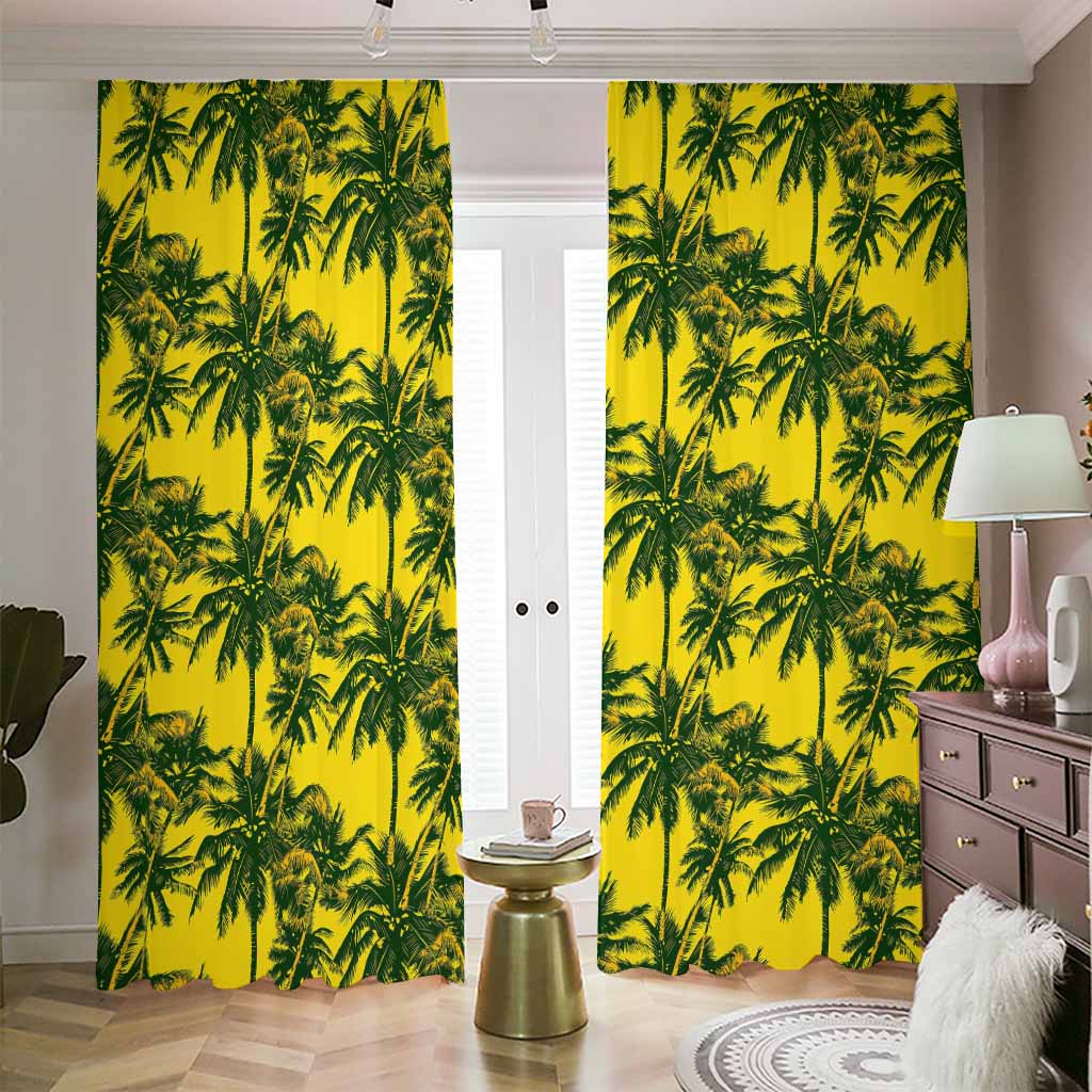 Yellow Palm Tree Pattern Print Blackout Pencil Pleat Curtains