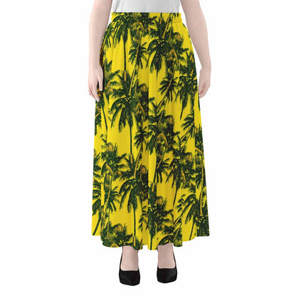 Yellow Palm Tree Pattern Print Chiffon Maxi Skirt
