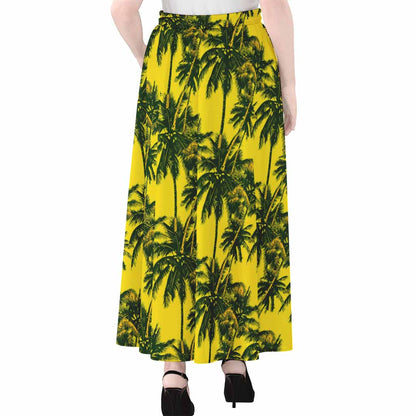Yellow Palm Tree Pattern Print Chiffon Maxi Skirt