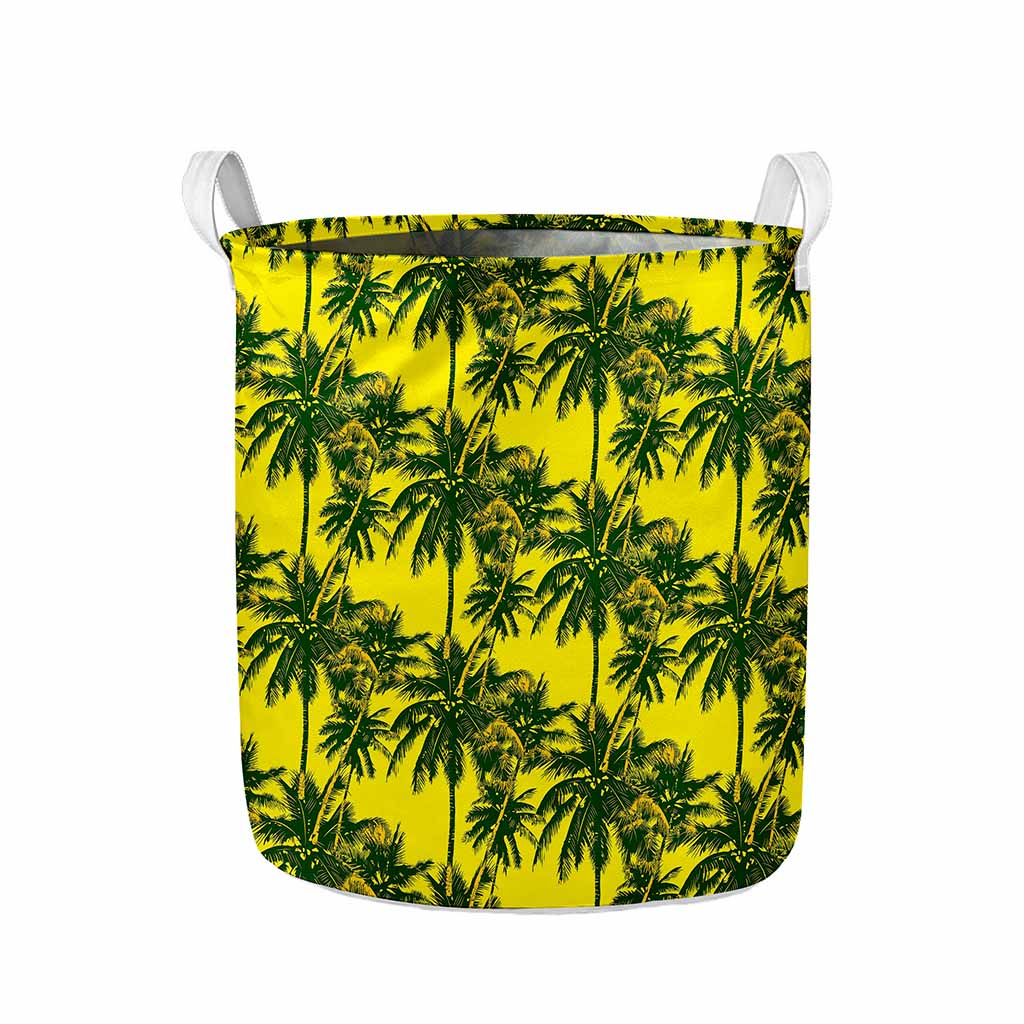 Yellow Palm Tree Pattern Print Collapsible Laundry Basket