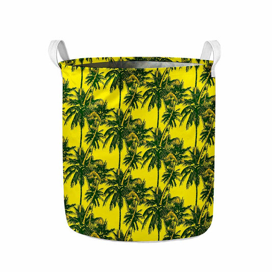 Yellow Palm Tree Pattern Print Collapsible Laundry Basket