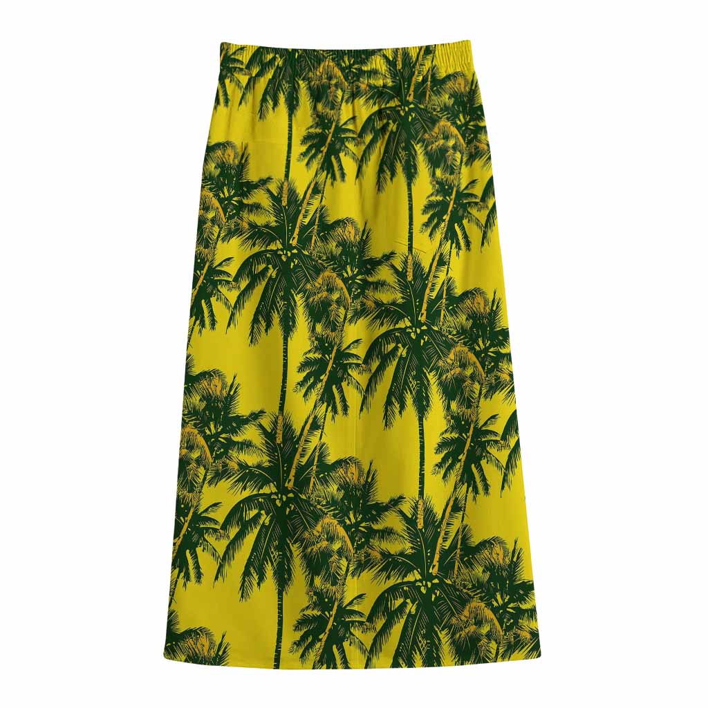 Yellow Palm Tree Pattern Print Cotton Front Slit Maxi Skirt