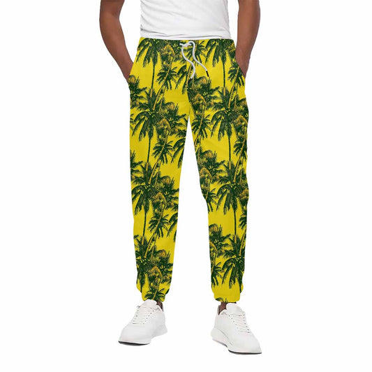 Yellow Palm Tree Pattern Print Cotton Pants