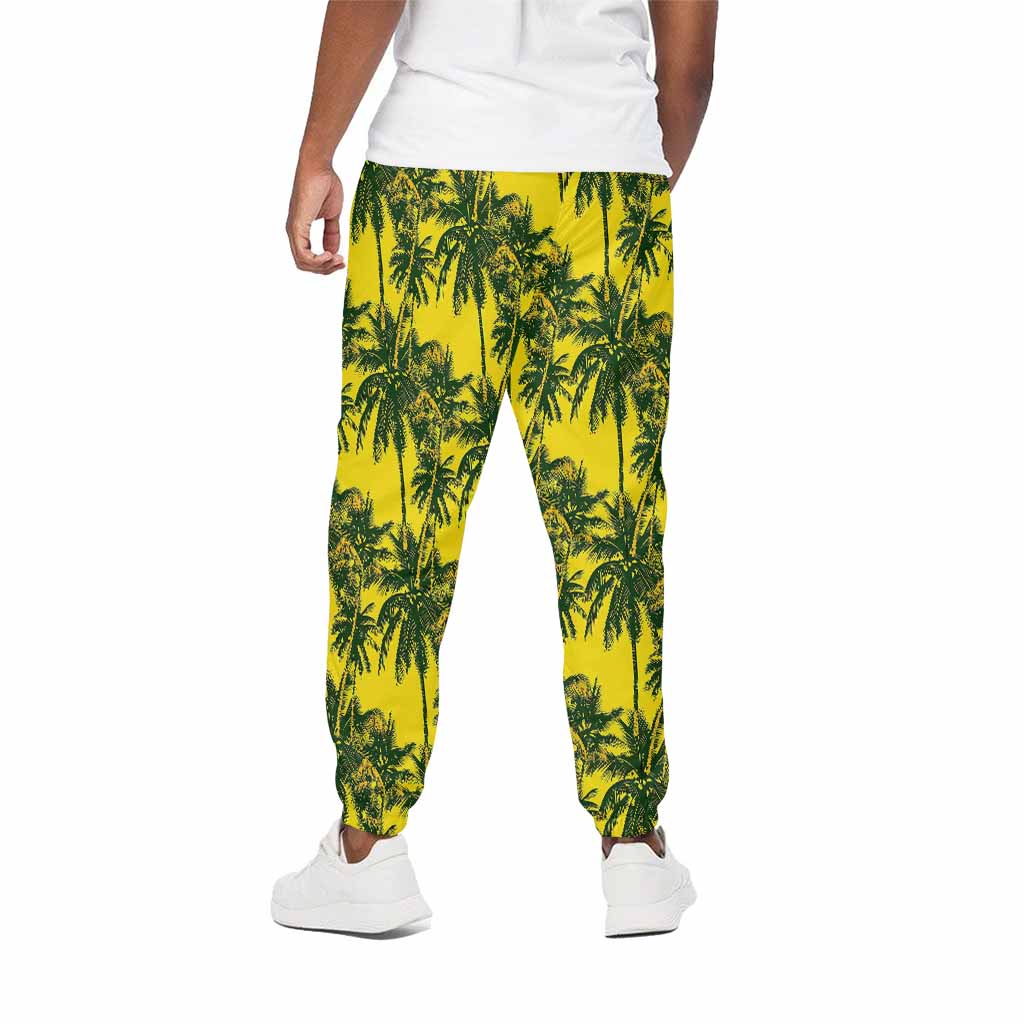 Yellow Palm Tree Pattern Print Cotton Pants