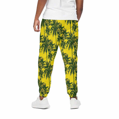 Yellow Palm Tree Pattern Print Cotton Pants