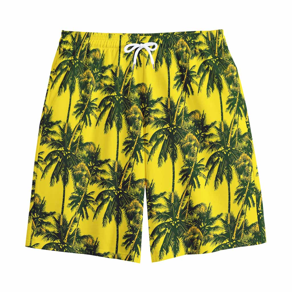 Yellow Palm Tree Pattern Print Cotton Shorts