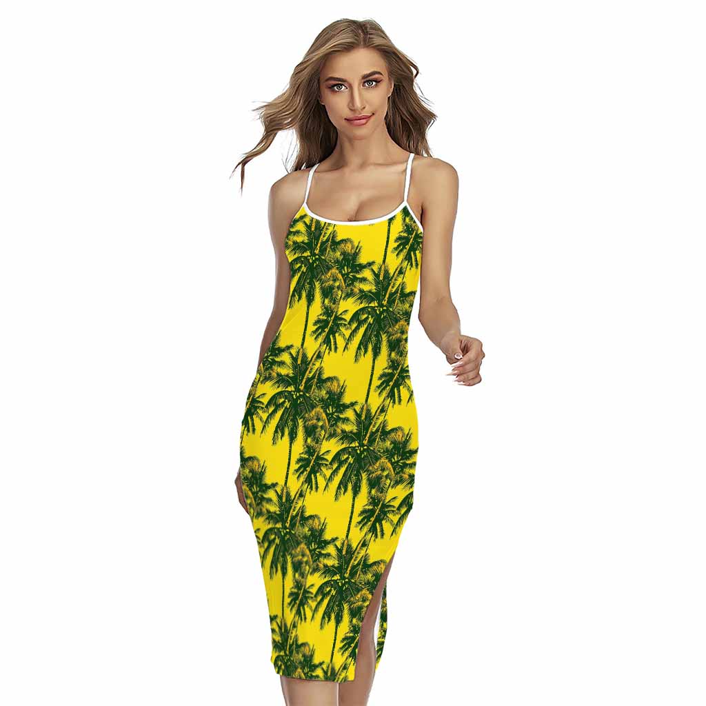 Yellow Palm Tree Pattern Print Cross Back Cami Dress