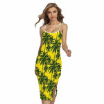 Yellow Palm Tree Pattern Print Cross Back Cami Dress