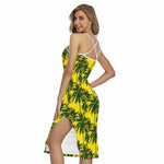 Yellow Palm Tree Pattern Print Cross Back Cami Dress