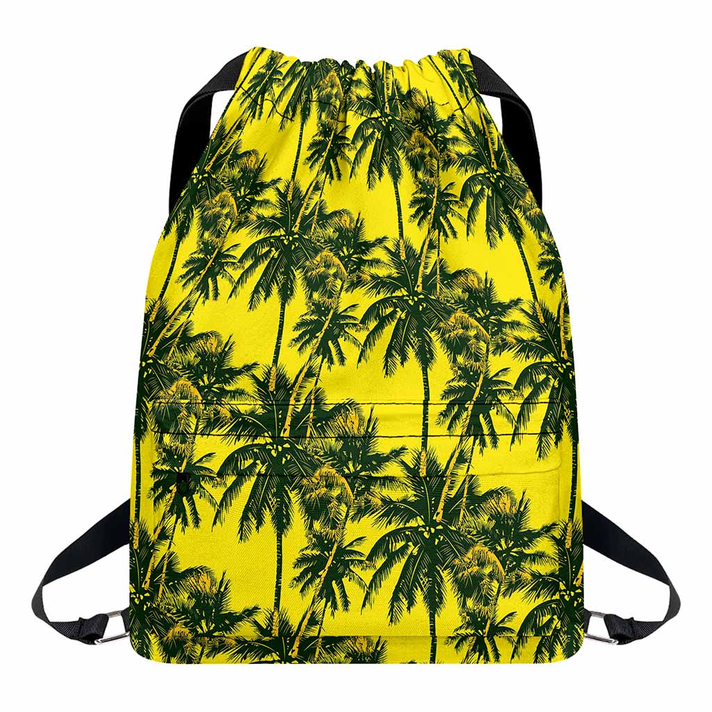 Yellow Palm Tree Pattern Print Drawstring Backpack