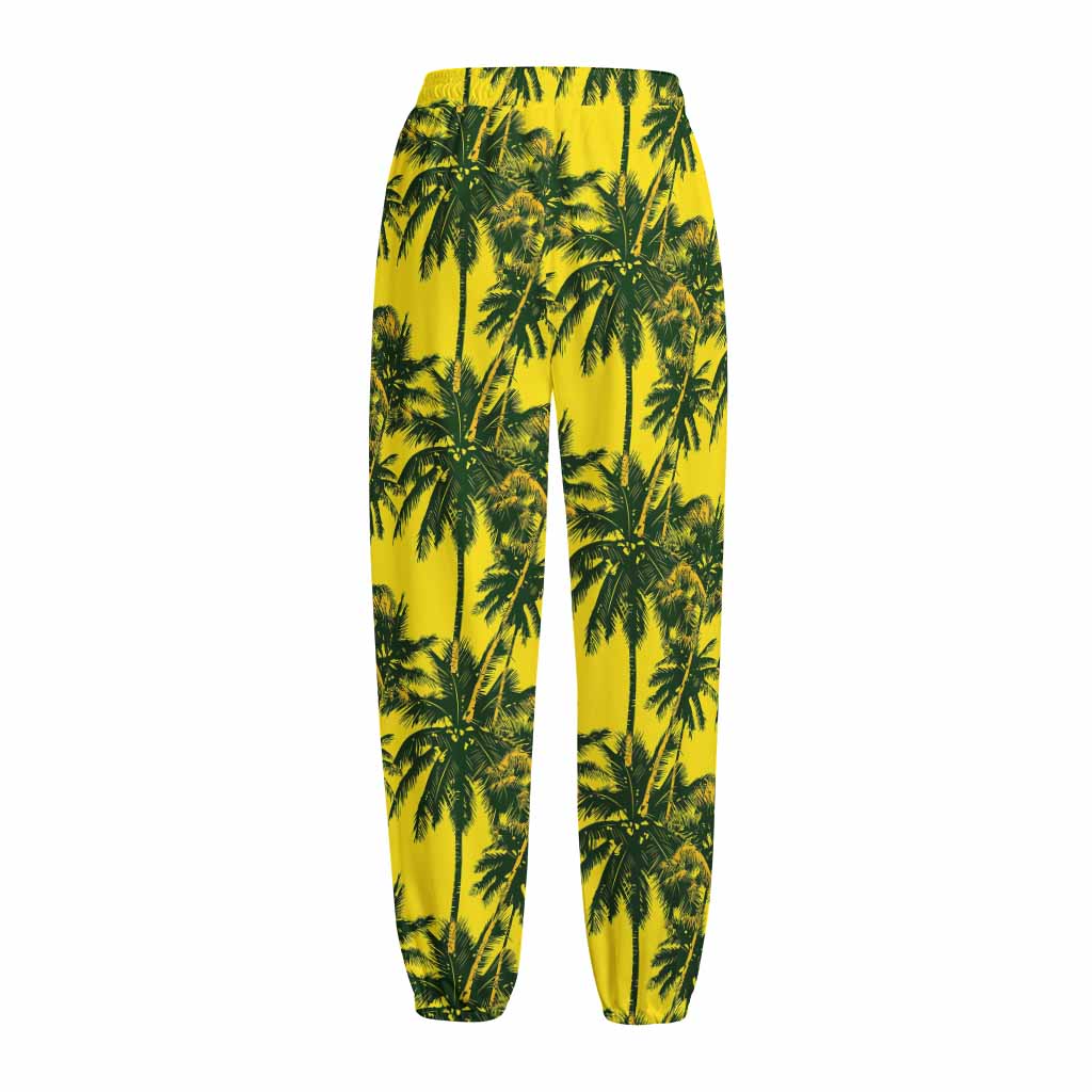 Yellow Palm Tree Pattern Print Fleece Lined Knit Pants