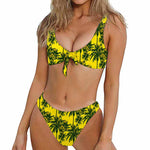 Yellow Palm Tree Pattern Print Front Bow Tie Bikini