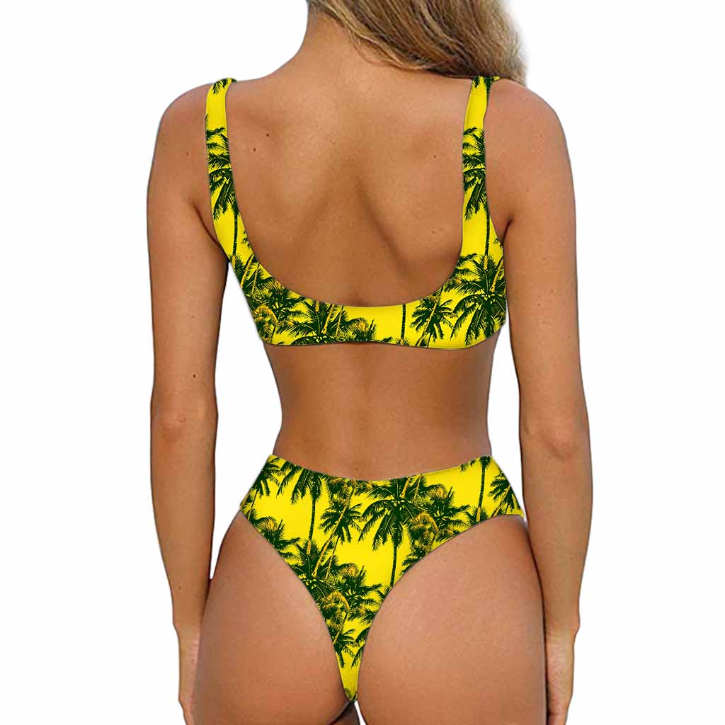 Yellow Palm Tree Pattern Print Front Bow Tie Bikini
