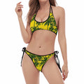 Yellow Palm Tree Pattern Print Halter Scoop Tie Side Bikini