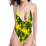 Yellow Palm Tree Pattern Print High Cut One Piece Swimsuit