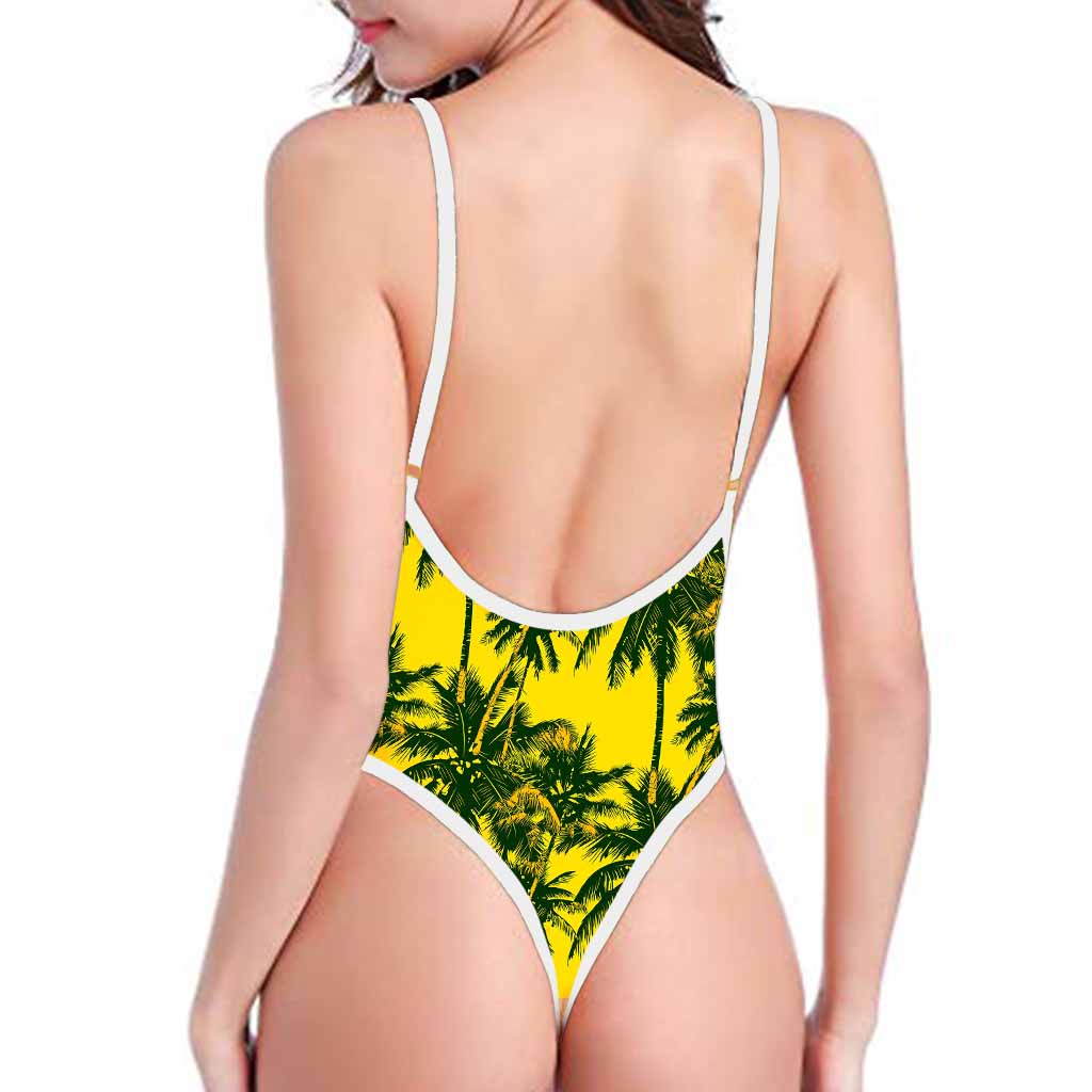 Yellow Palm Tree Pattern Print High Cut One Piece Swimsuit
