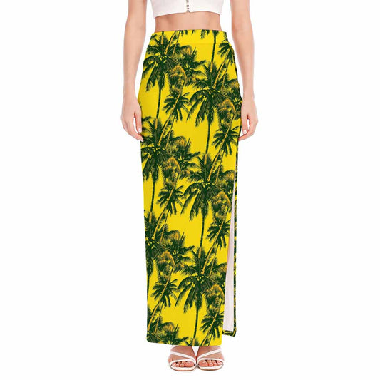 Yellow Palm Tree Pattern Print High Slit Maxi Skirt