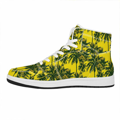 Yellow Palm Tree Pattern Print High Top Leather Sneakers