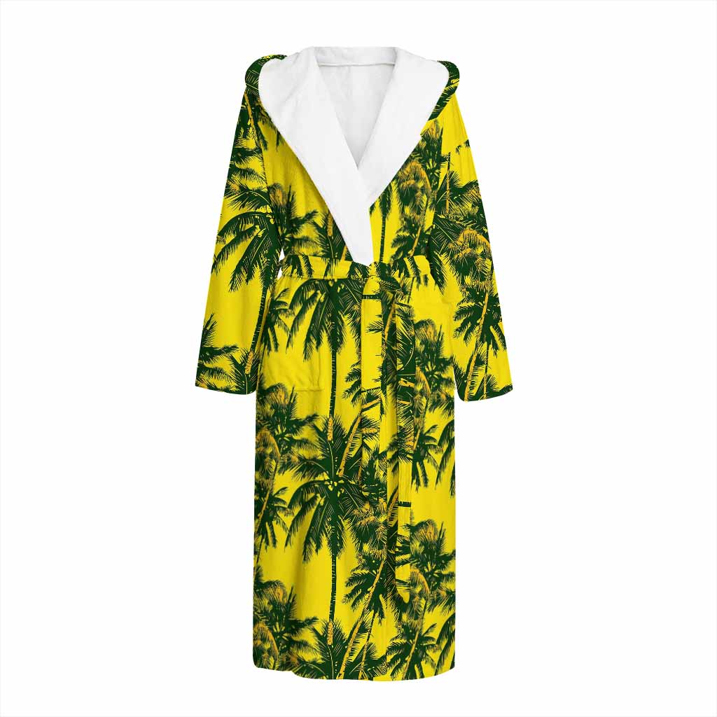 Yellow Palm Tree Pattern Print Hooded Bathrobe