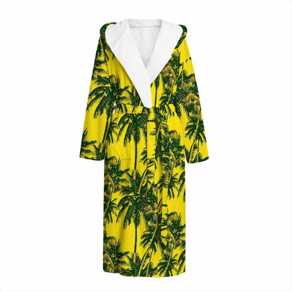 Yellow Palm Tree Pattern Print Hooded Bathrobe