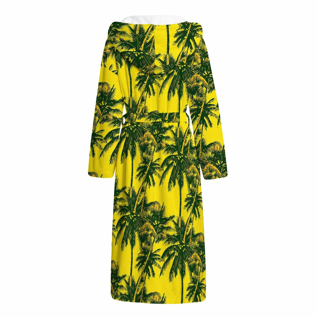 Yellow Palm Tree Pattern Print Hooded Bathrobe