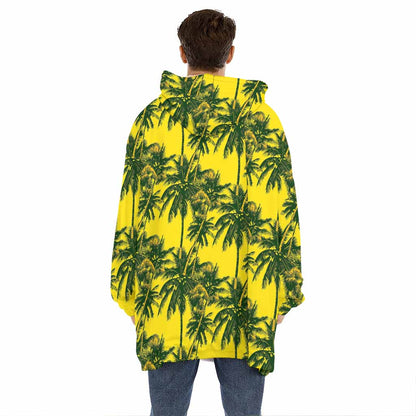 Yellow Palm Tree Pattern Print Hoodie Blanket