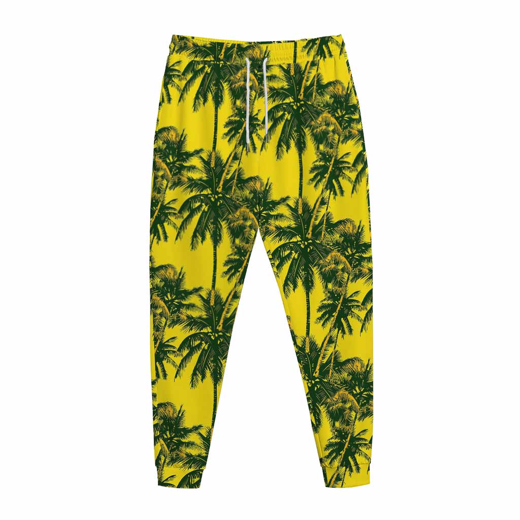 Yellow Palm Tree Pattern Print Jogger Pants
