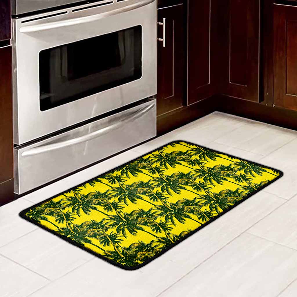 Yellow Palm Tree Pattern Print Kitchen Mat
