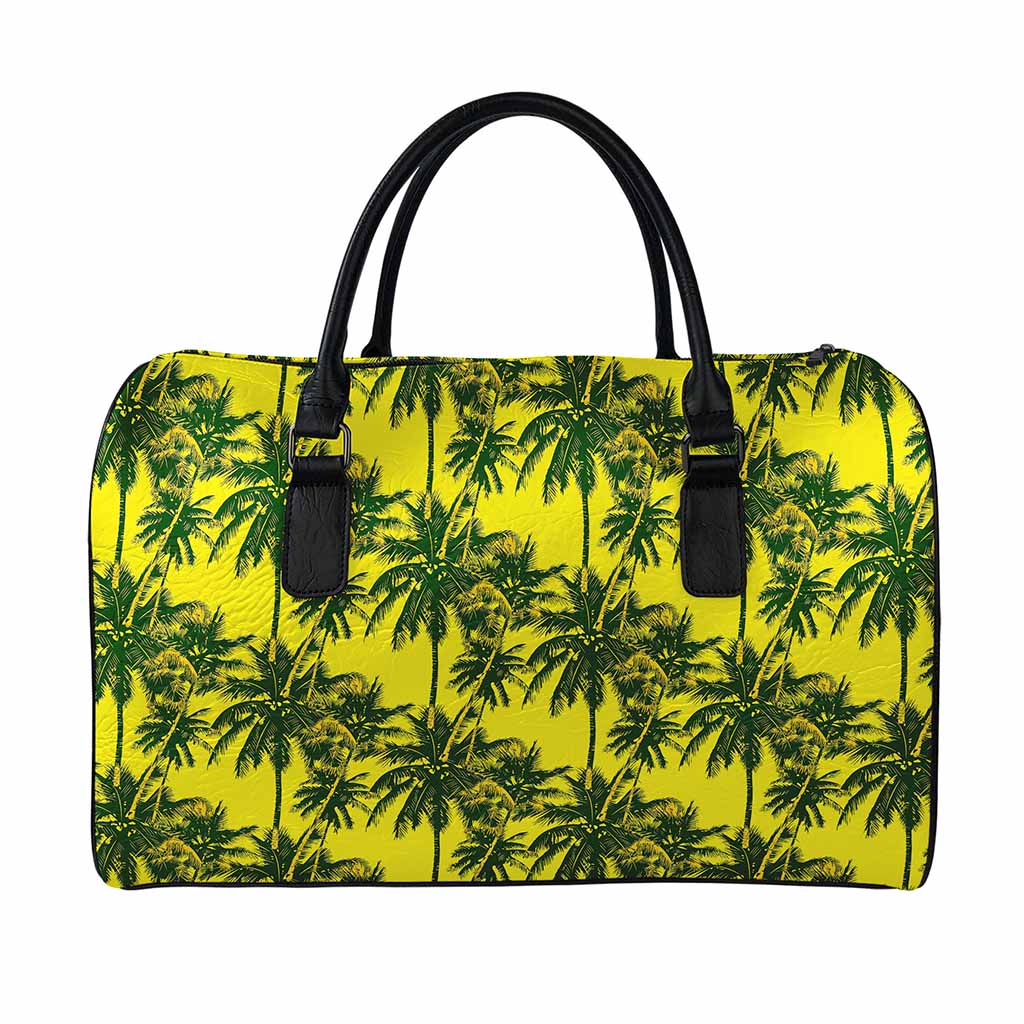 Yellow Palm Tree Pattern Print Leather Duffle Bag