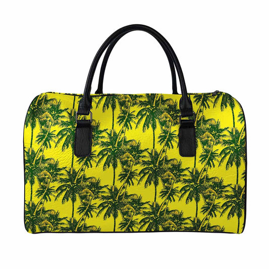 Yellow Palm Tree Pattern Print Leather Duffle Bag