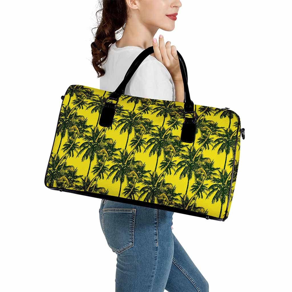 Yellow Palm Tree Pattern Print Leather Duffle Bag
